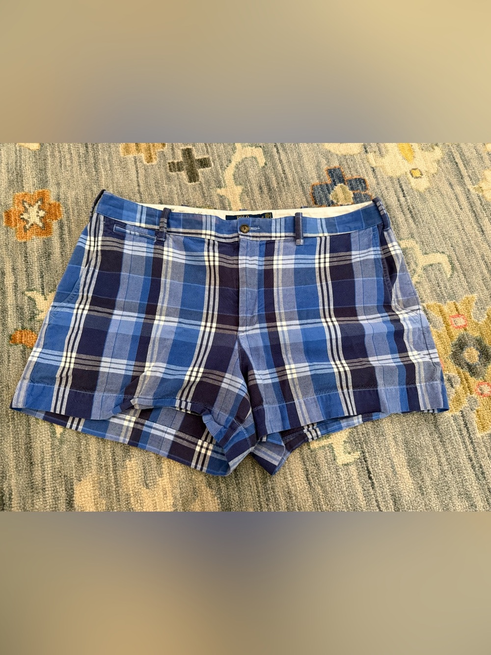 Polo Ralph Lauren Navy Blue & White Plaid Cotton/Linen Shorts Size 14